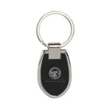 A sleek silver keyring featuring a black oval tag with a logo.