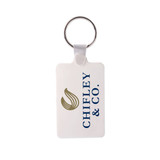 A rectangular Durasoft keyring in white, featuring a keyring attachment and a logo.