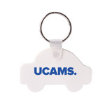 A white keyring shaped like a car, featuring a logo in blue. Designed for durability and easy attachment.