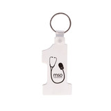 A white keyring shaped like the number one, featuring a logo and a silver keyring attachment.