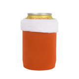 A drink bottle cooler in bright orange with a white fluffy top, featuring a logo on the can.