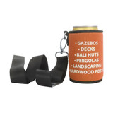 A drink bottle holder in orange with a black strap and silver clip, designed to hold a can securely.