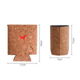 A cork stubby holder in natural colour with a red logo, featuring flat pack design and dimensions shown.