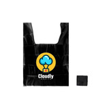 A black reusable foldaway shopping bag featuring a logo with a cloud and first aid symbol, folded compactly beside it.