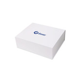A large white foldable magnetic box featuring a logo on the lid. The box is elegantly designed for packaging.