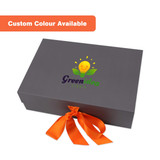 A medium foldable magnetic box in grey with an orange ribbon and a logo on the surface. Custom colours available.