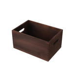 A medium wooden storage box in a rich brown shade, featuring side handles for easy carrying.
