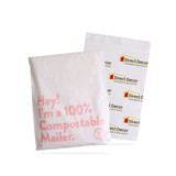 A small biodegradable mailer bag in white with pink text, featuring a logo on the back.