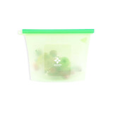 A green silicone reusable storage pouch containing various colourful items, with a logo displayed on the pouch.