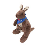 A brown kangaroo plush toy featuring a baby kangaroo in its pouch, wearing a blue bandana.