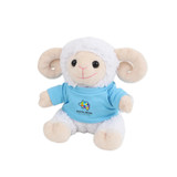 A cute plush toy sheep with cream and white fur, wearing a blue shirt. The toy features a logo on the shirt.