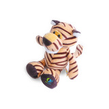 A striped orange and brown tiger plush toy with a friendly expression and a small logo on the bottom.
