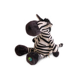 A plush zebra toy with black and white stripes, featuring a soft, cuddly body and a small green logo.