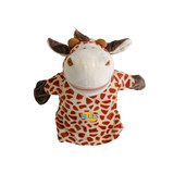 A plush giraffe hand puppet featuring a spotted pattern in brown and beige, with a friendly face and fabric ears.