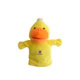 A yellow duck hand puppet with an orange beak and a white tuft on its head, featuring a logo on its front.