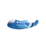 A blue and light blue plush toy shaped like an airplane, featuring white details and a small logo.
