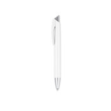 A white plastic pen with a silver clip and tip, featuring a logo on the clip.