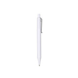 A white pen with a click-action mechanism and a pocket clip, featuring a plain barrel design.