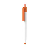 A push button pen with a creamy white barrel and an orange clip, featuring a logo on the barrel.