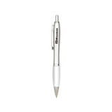 A sleek silver metal pen with a transparent grip and a branding logo on the side.