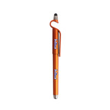 An orange stylus ball pen with a mobile holder and a logo. The pen features a shiny metallic finish.