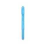 A blue highlighter crayon with a translucent body and a cap, featuring a textured grip and branding.