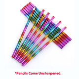 A set of long coloured pencils in vibrant rainbow hues, featuring a logo and no erasers.