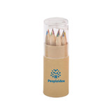 A set of coloured pencils in a transparent cylindrical case with a cardboard base and a logo.