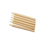 A set of six unsharpened wooden coloured pencils in various colours, including red, green, blue, and brown.