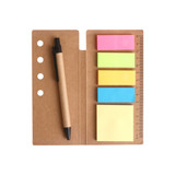 A Ruler Sticky Note Pad with a pen, featuring pink, yellow, green, and blue sticky notes on a brown cover.