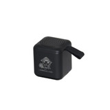 A black lighting cube Bluetooth speaker with a small handle and a logo on the side.
