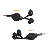 A pair of black retractable earbuds headset, displayed from the front and back views, with a logo visible.