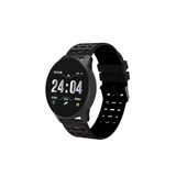 A round black smart watch featuring a digital display and a black strap, with a logo on the side.