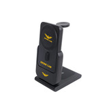 A black charging station with a vertical stand and a logo, designed for a drone camera.