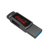 A black and grey flash drive featuring a logo, with a blue connector end.