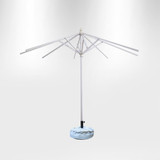 A market umbrella with a blue canopy and a white frame, featuring a weighted base for stability.