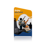 Inclined portable exhibit display wall in vibrant orange and blue with an abstract design and an image of three people celebrating.