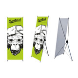 A medium X-frame banner featuring a vibrant green background with a monkey graphic and a logo. The banner is adjustable and portable.