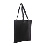 A black non-woven long handle bag with a V gusset, featuring two sturdy handles and a simple design.