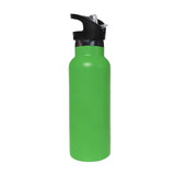 A drink bottle featuring a vibrant green body and a black flip valve lid, with a logo on it.