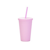 A pink matte plastic cup with a lid and straw. Includes a logo.