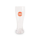 A clear glass beer glass featuring a logo, with a curved design and sturdy base.