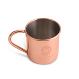 A copper Moscow Mule mug with a shiny finish and a handle, featuring a logo on the side.