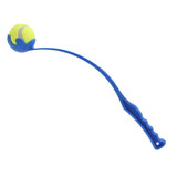 A blue ball thrower with a handle and a yellow tennis ball at the end.