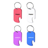 A drink bottle opener keyring in pink, white, purple, and blue, featuring metal loops for attaching to keys.