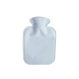 A white hot water bottle with a plush cover, featuring a smooth, rounded design. It has a small logo.