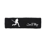A black headband with a white logo and a silhouette design, categorised as headwear.