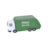 A green garbage truck-shaped stress reliever with a white front and a logo on the side.