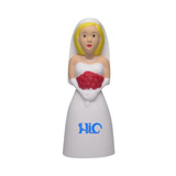 A white wedding cake topper shaped stress reliever features a bride with blonde hair and a red bouquet. It includes a logo.