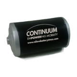 A black and silver battery-shaped stress reliever with a logo on one side.
